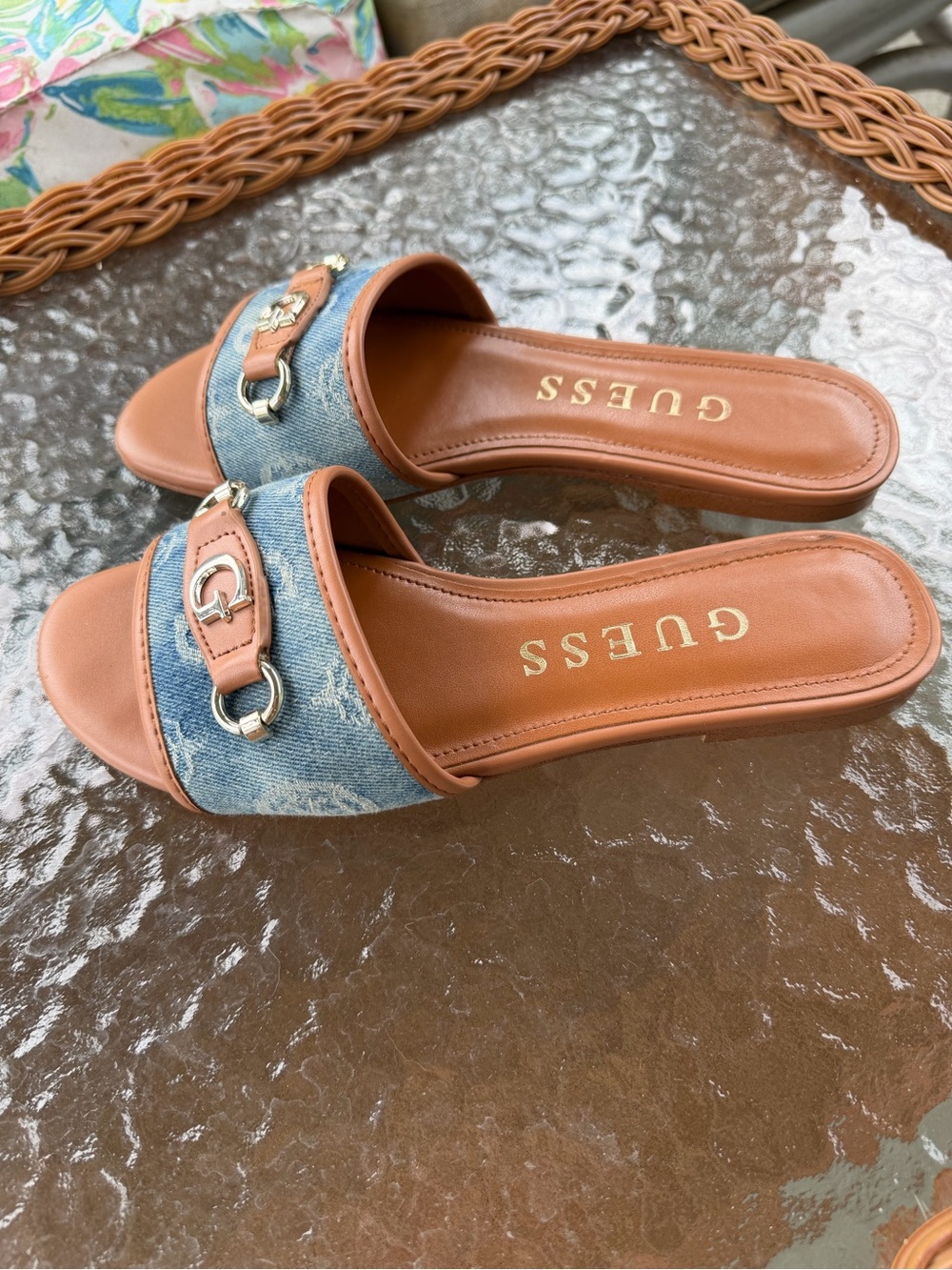 GUESS Hammi3 Denim Logo Slide Sandals 7.5 Blue Cognac